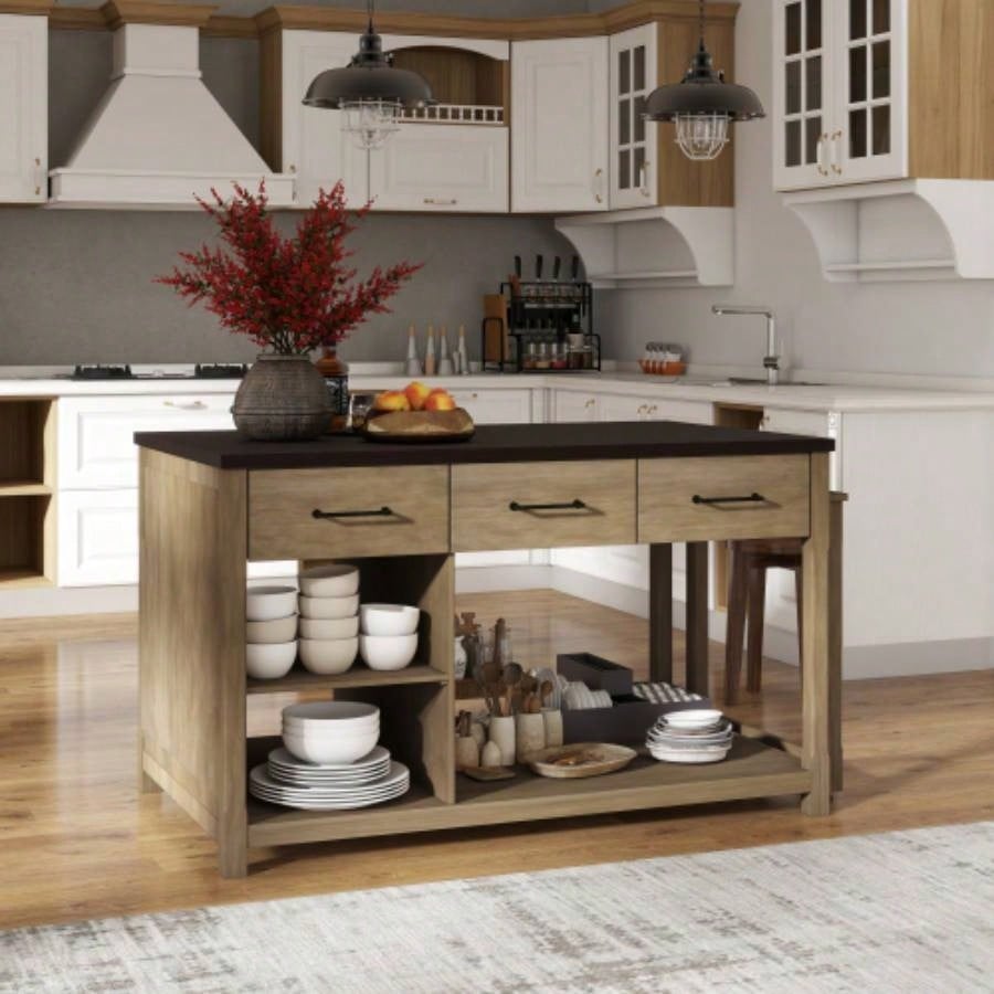 TREXM Extendable Kitchen Island with Storage, Multi - Functional Kitchen Cart with Built - In Power Outlets, Retro Kitchen Island on Wheels with Drawers and Open Shelves Kitchen Espresso+Natural