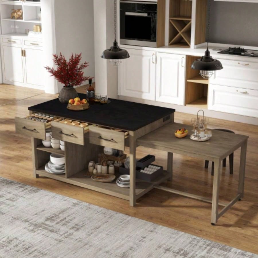 TREXM Extendable Kitchen Island with Storage, Multi - Functional Kitchen Cart with Built - In Power Outlets, Retro Kitchen Island on Wheels with Drawers and Open Shelves Kitchen Espresso+Natural