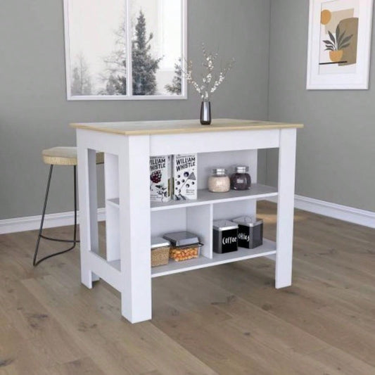 Kitchen Island, kitchen table 35 H, Four, Three Open Storage Shelves, White/ Light Oak