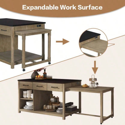 TREXM Extendable Kitchen Island with Storage, Multi - Functional Kitchen Cart with Built - In Power Outlets, Retro Kitchen Island on Wheels with Drawers and Open Shelves Kitchen Espresso+Natural