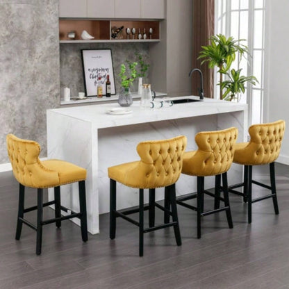 Contemporary Velvet Upholstered Wing - Back Barstools with Button Tufted Decoration and Wooden, and Nailhead Trim, Leisure Style Bar Chairs, Bar stools, Set of 4 GoldSW1824GLx2 cartons
