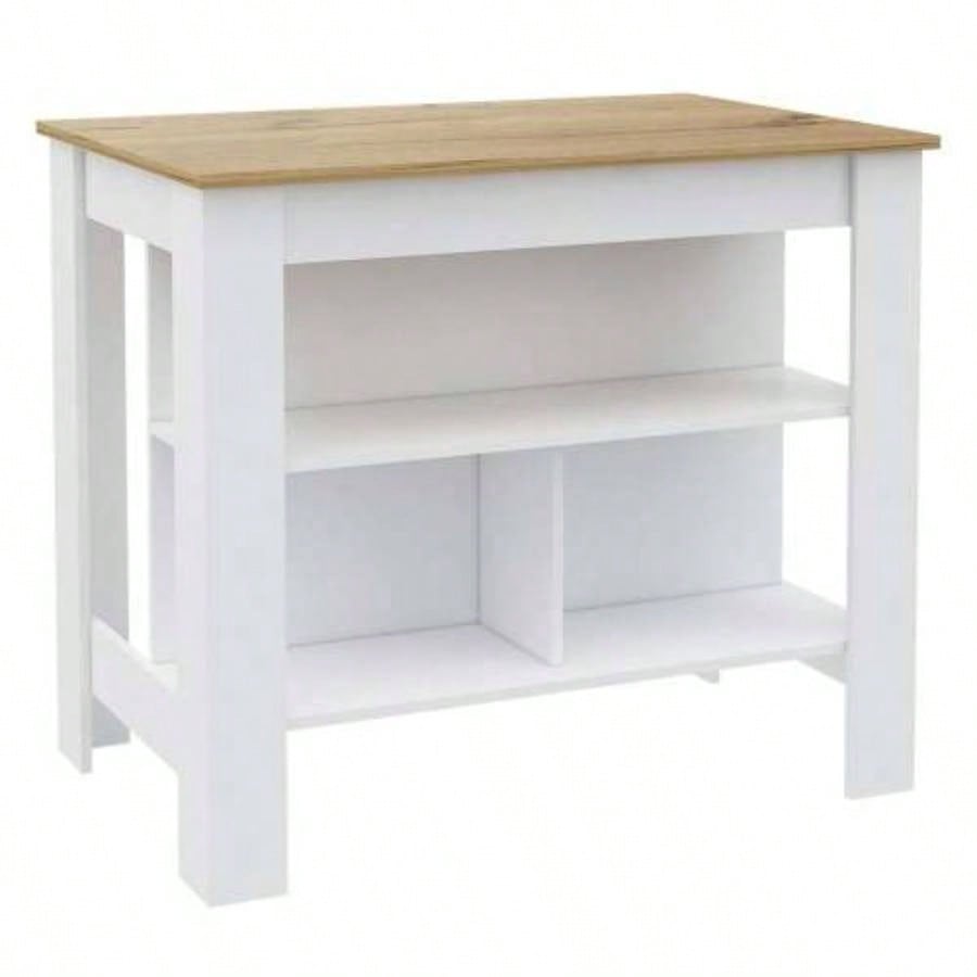 Kitchen Island, kitchen table 35 H, Four, Three Open Storage Shelves, White/ Light Oak