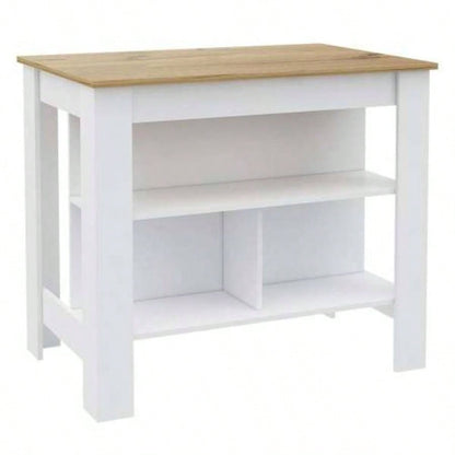 Kitchen Island, kitchen table 35 H, Four, Three Open Storage Shelves, White/ Light Oak