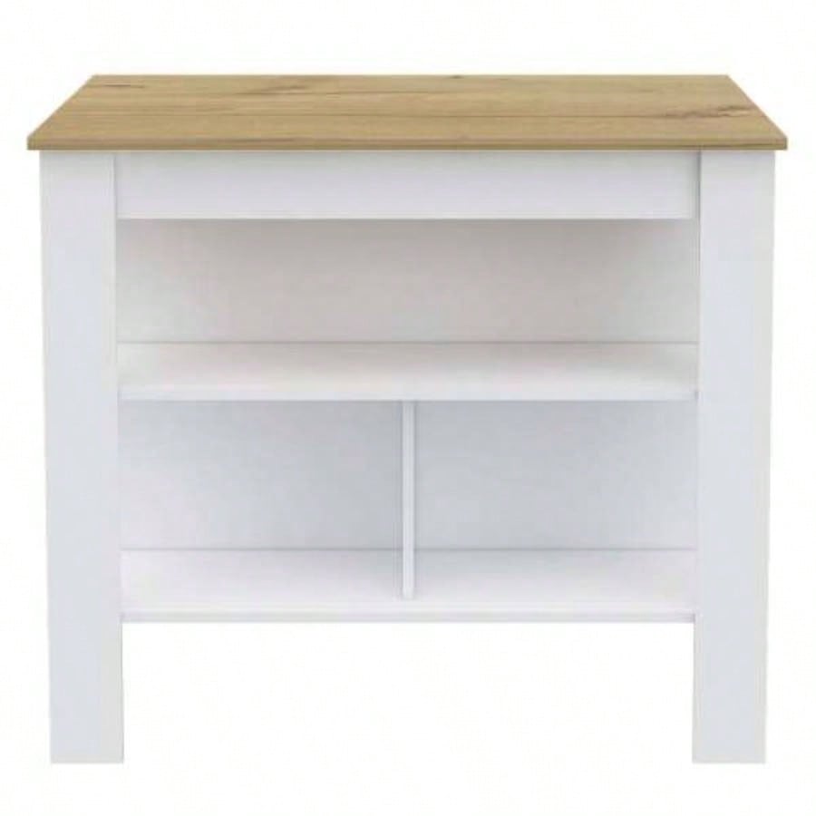 Kitchen Island, kitchen table 35 H, Four, Three Open Storage Shelves, White/ Light Oak
