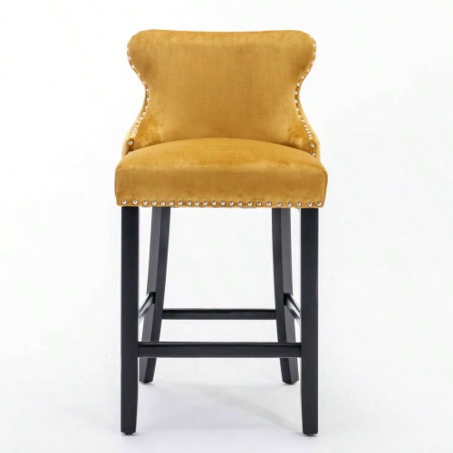 Contemporary Velvet Upholstered Wing - Back Barstools with Button Tufted Decoration and Wooden, and Nailhead Trim, Leisure Style Bar Chairs, Bar stools, Set of 4 GoldSW1824GLx2 cartons