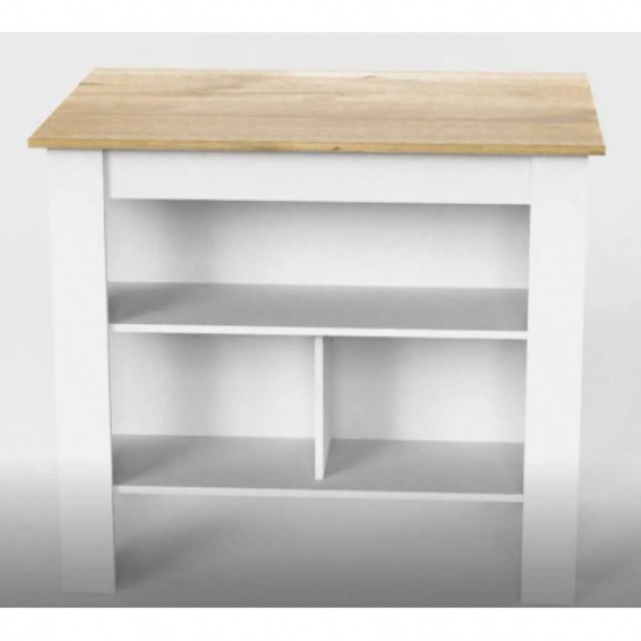 Kitchen Island, kitchen table 35 H, Four, Three Open Storage Shelves, White/ Light Oak