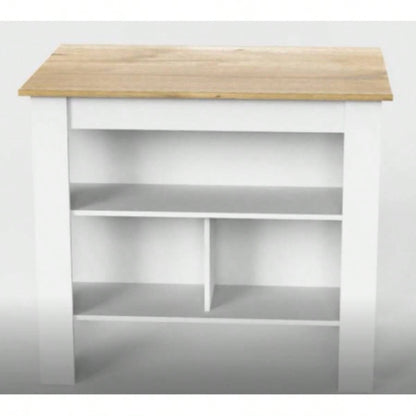 Kitchen Island, kitchen table 35 H, Four, Three Open Storage Shelves, White/ Light Oak