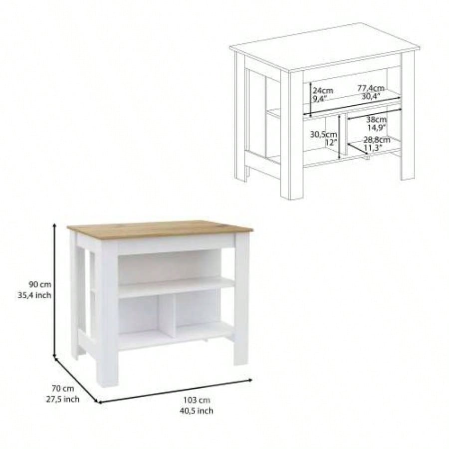 Kitchen Island, kitchen table 35 H, Four, Three Open Storage Shelves, White/ Light Oak