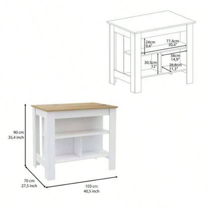 Kitchen Island, kitchen table 35 H, Four, Three Open Storage Shelves, White/ Light Oak
