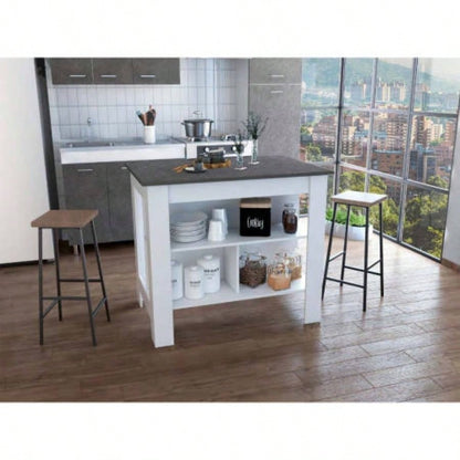 Kitchen Island, kitchen table 35 H, Four, Three Open Storage Shelves, White/ Onix