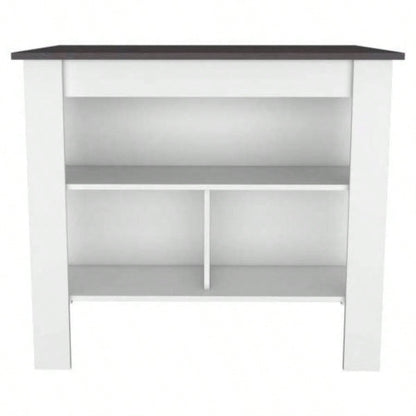 Kitchen Island, kitchen table 35 H, Four, Three Open Storage Shelves, White/ Onix