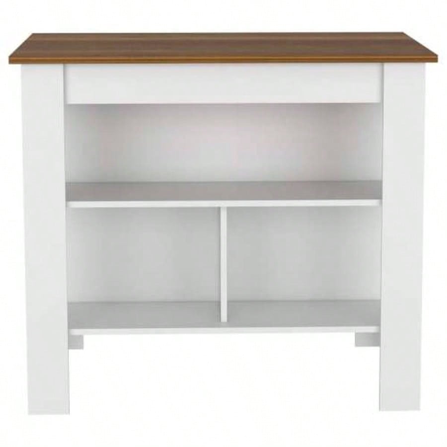 Kitchen Island, kitchen table 35 H, Four, Three Open Storage Shelves, White/ Walnut