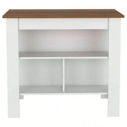 Kitchen Island, kitchen table 35 H, Four, Three Open Storage Shelves, White/ Walnut