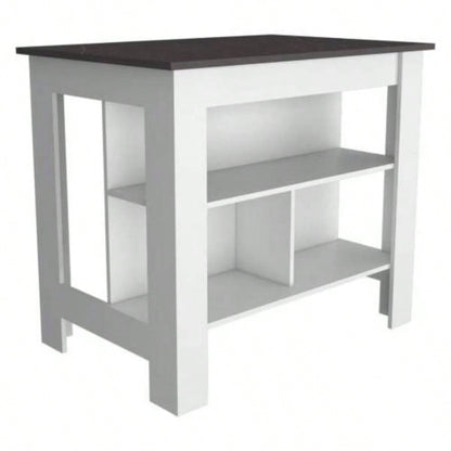 Kitchen Island, kitchen table 35 H, Four, Three Open Storage Shelves, White/ Onix