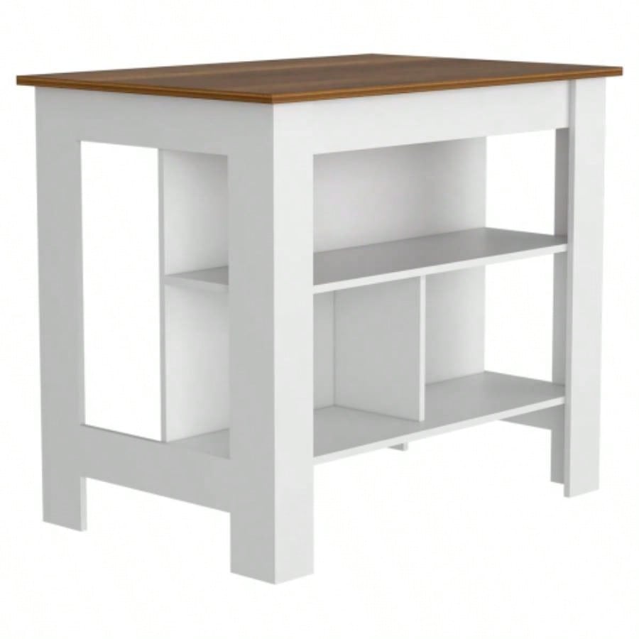 Kitchen Island, kitchen table 35 H, Four, Three Open Storage Shelves, White/ Walnut