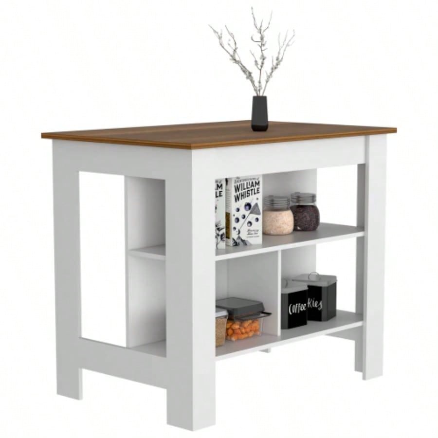 Kitchen Island, kitchen table 35 H, Four, Three Open Storage Shelves, White/ Walnut