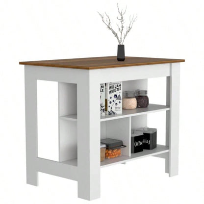 Kitchen Island, kitchen table 35 H, Four, Three Open Storage Shelves, White/ Walnut