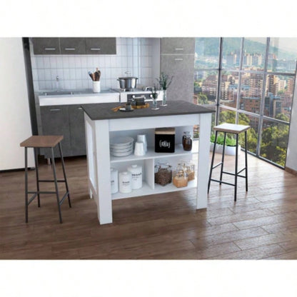 Kitchen Island, kitchen table 35 H, Four, Three Open Storage Shelves, White/ Onix