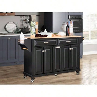Kitchen Island with Rubber wood Countertop, Kitchen Cart on 5 Wheels with Storage Cabinet and 2 Top Drawers and A center double layered storage drawer Dinning Room, Black