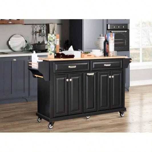 Kitchen Island with Rubber wood Countertop, Kitchen Cart on 5 Wheels with Storage Cabinet and 2 Top Drawers and A center double layered storage drawer Dinning Room, Black