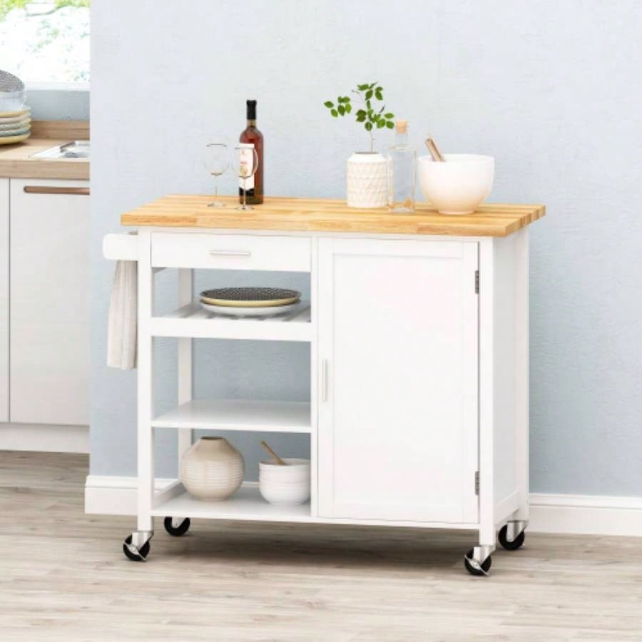 Kitchen Island Cart with Solid Wood Top, 41 Width Mobile Carts with Storage Cabinet, Rolling Kitchen Table with Spice Rack, Towel Rack, and Drawer, Portable Islands on Wheels
