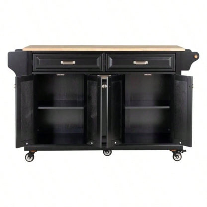 Kitchen Island with Rubber wood Countertop, Kitchen Cart on 5 Wheels with Storage Cabinet and 2 Top Drawers and A center double layered storage drawer Dinning Room, Black