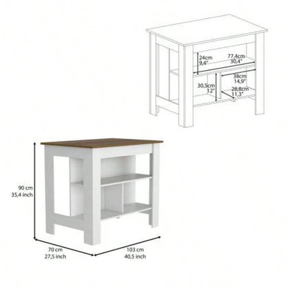 Kitchen Island, kitchen table 35 H, Four, Three Open Storage Shelves, White/ Walnut