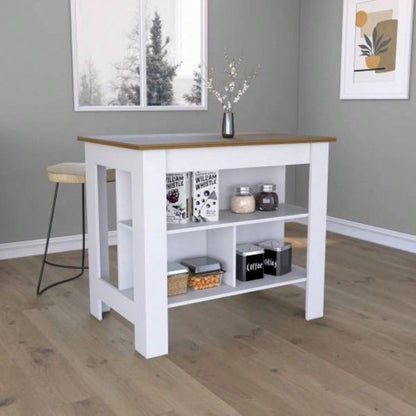 Kitchen Island, kitchen table 35 H, Four, Three Open Storage Shelves, White/ Walnut