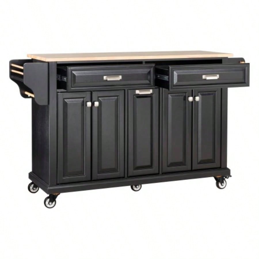 Kitchen Island with Rubber wood Countertop, Kitchen Cart on 5 Wheels with Storage Cabinet and 2 Top Drawers and A center double layered storage drawer Dinning Room, Black