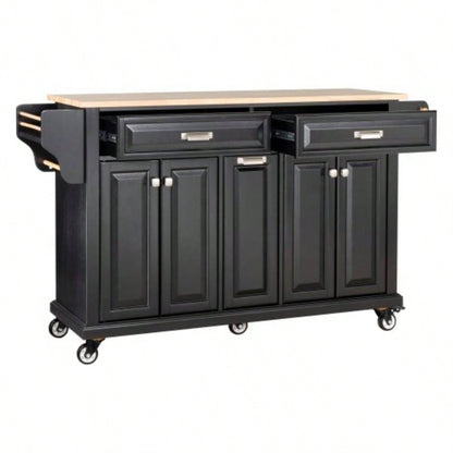 Kitchen Island with Rubber wood Countertop, Kitchen Cart on 5 Wheels with Storage Cabinet and 2 Top Drawers and A center double layered storage drawer Dinning Room, Black