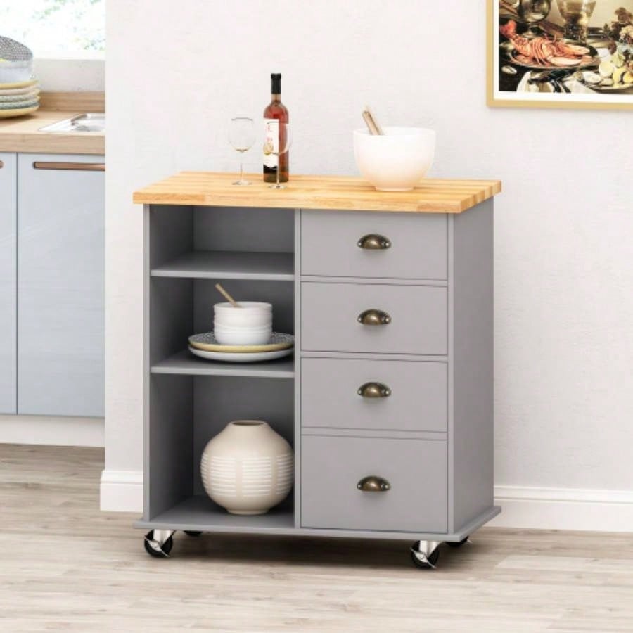 Kitchen Island Cart with Storage, Rolling Side Table on Wheels with Large Worktop, Cabinet with Drawers Kitchen, Dinning Room