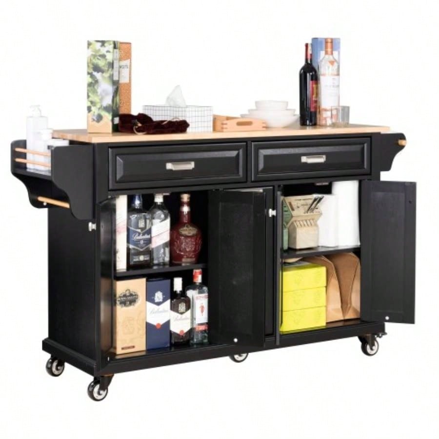 Kitchen Island with Rubber wood Countertop, Kitchen Cart on 5 Wheels with Storage Cabinet and 2 Top Drawers and A center double layered storage drawer Dinning Room, Black