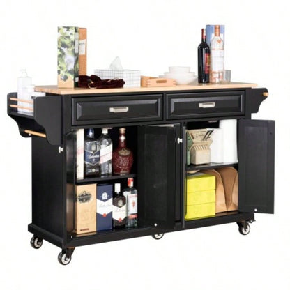 Kitchen Island with Rubber wood Countertop, Kitchen Cart on 5 Wheels with Storage Cabinet and 2 Top Drawers and A center double layered storage drawer Dinning Room, Black