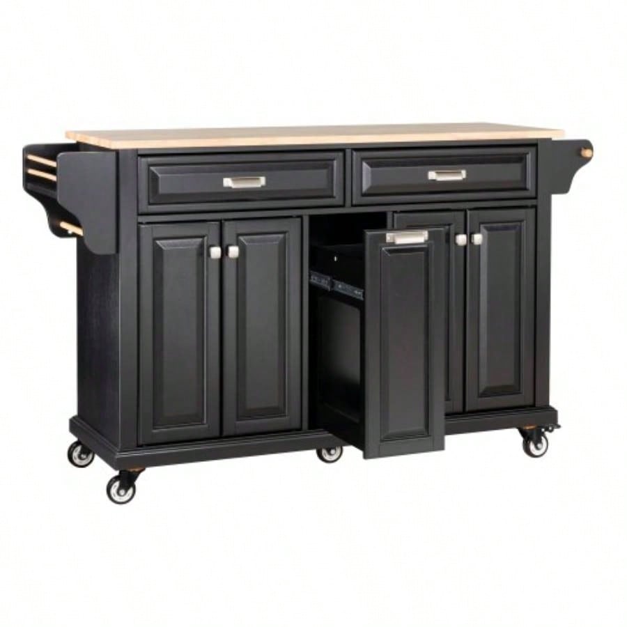 Kitchen Island with Rubber wood Countertop, Kitchen Cart on 5 Wheels with Storage Cabinet and 2 Top Drawers and A center double layered storage drawer Dinning Room, Black
