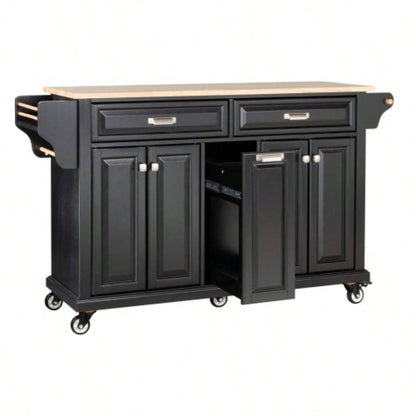 Kitchen Island with Rubber wood Countertop, Kitchen Cart on 5 Wheels with Storage Cabinet and 2 Top Drawers and A center double layered storage drawer Dinning Room, Black