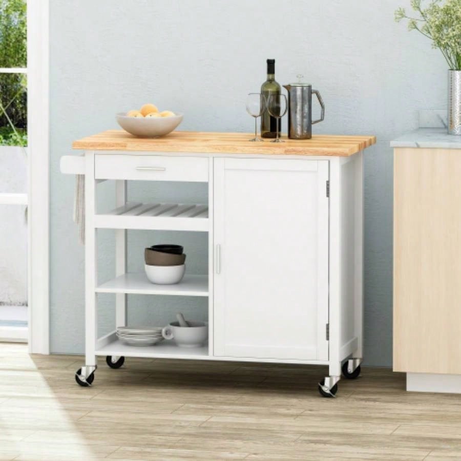 Kitchen Island Cart with Solid Wood Top, 41 Width Mobile Carts with Storage Cabinet, Rolling Kitchen Table with Spice Rack, Towel Rack, and Drawer, Portable Islands on Wheels