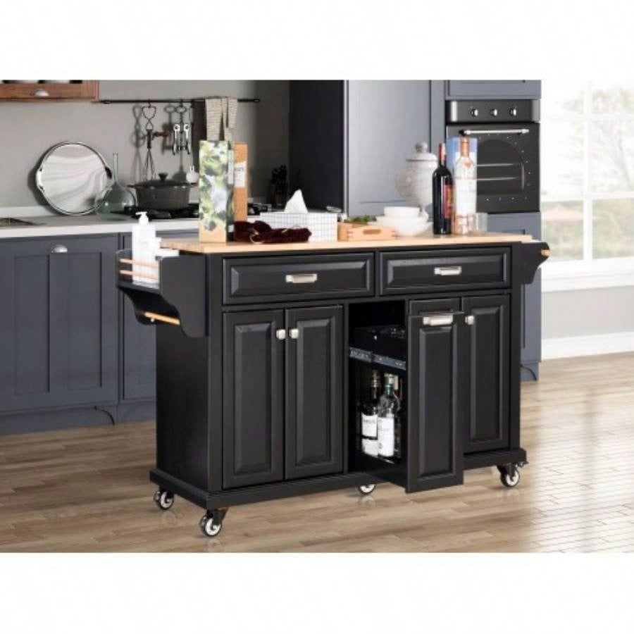 Kitchen Island with Rubber wood Countertop, Kitchen Cart on 5 Wheels with Storage Cabinet and 2 Top Drawers and A center double layered storage drawer Dinning Room, Black