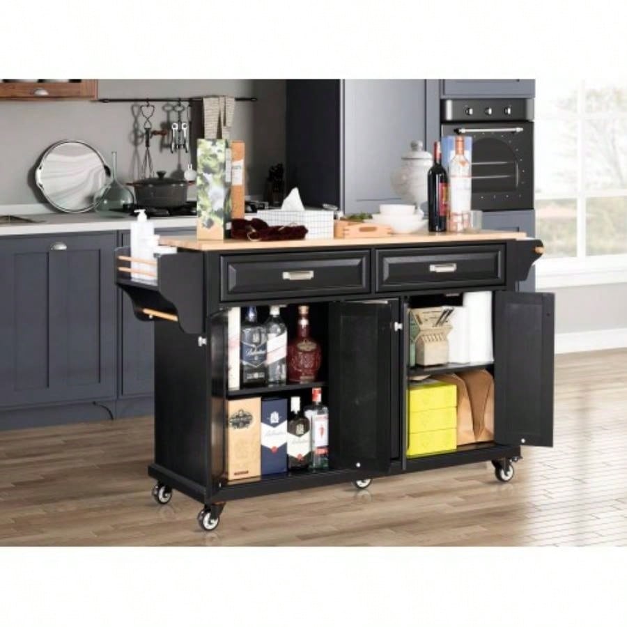 Kitchen Island with Rubber wood Countertop, Kitchen Cart on 5 Wheels with Storage Cabinet and 2 Top Drawers and A center double layered storage drawer Dinning Room, Black