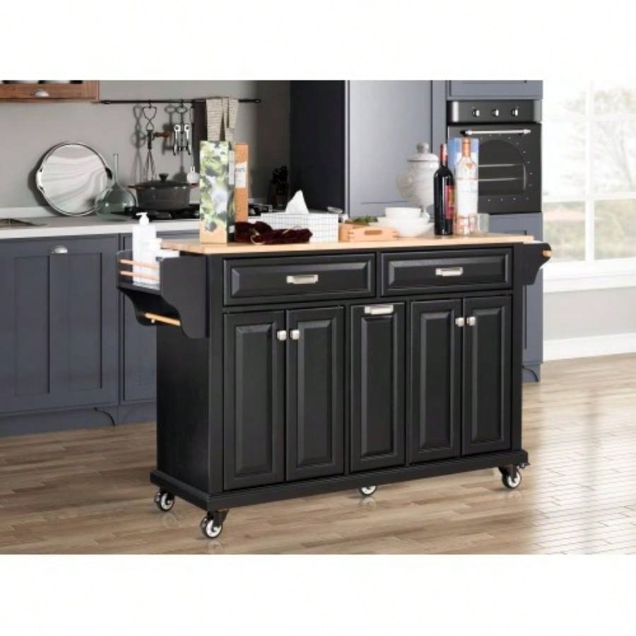 Kitchen Island with Rubber wood Countertop, Kitchen Cart on 5 Wheels with Storage Cabinet and 2 Top Drawers and A center double layered storage drawer Dinning Room, Black