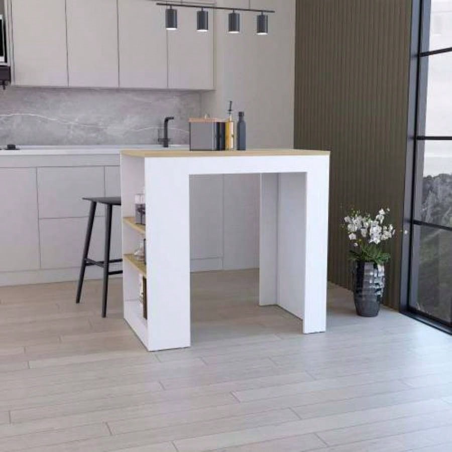 Kitchen Island, Kitchen Bar Table 36 H, with 3 - Side Shelves, White/ Macadamia
