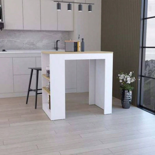 Kitchen Island, Kitchen Bar Table 36 H, with 3 - Side Shelves, White/ Macadamia