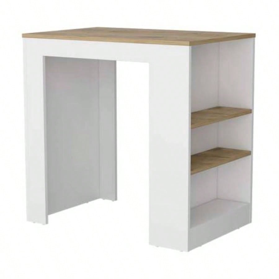 Kitchen Island, Kitchen Bar Table 36 H, with 3 - Side Shelves, White/ Macadamia