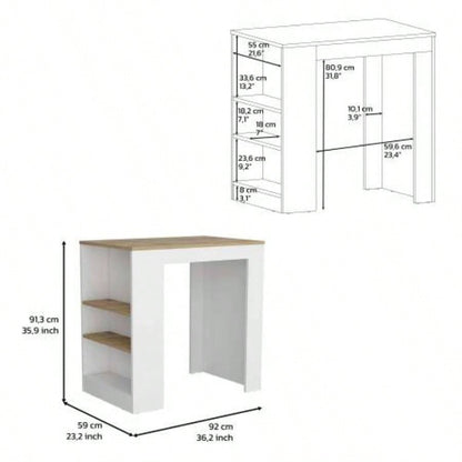 Kitchen Island, Kitchen Bar Table 36 H, with 3 - Side Shelves, White/ Macadamia