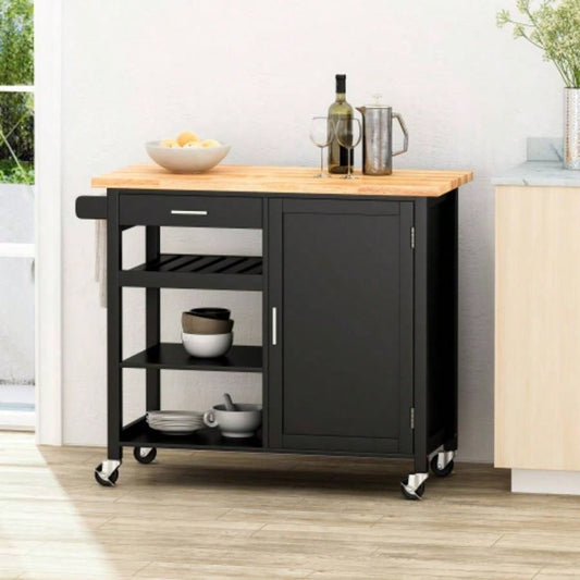 Kitchen Island Cart with Solid Wood Top, Mobile Carts with Storage Cabinet, Rolling Kitchen Table with Spice Rack, Towel Rack, and Drawer, Portable Islands on Wheels