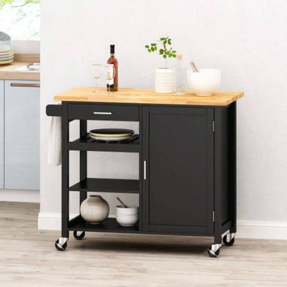 Kitchen Island Cart with Solid Wood Top, Mobile Carts with Storage Cabinet, Rolling Kitchen Table with Spice Rack, Towel Rack, and Drawer, Portable Islands on Wheels