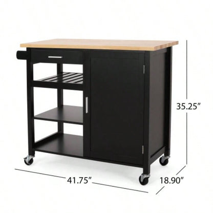 Kitchen Island Cart with Solid Wood Top, Mobile Carts with Storage Cabinet, Rolling Kitchen Table with Spice Rack, Towel Rack, and Drawer, Portable Islands on Wheels