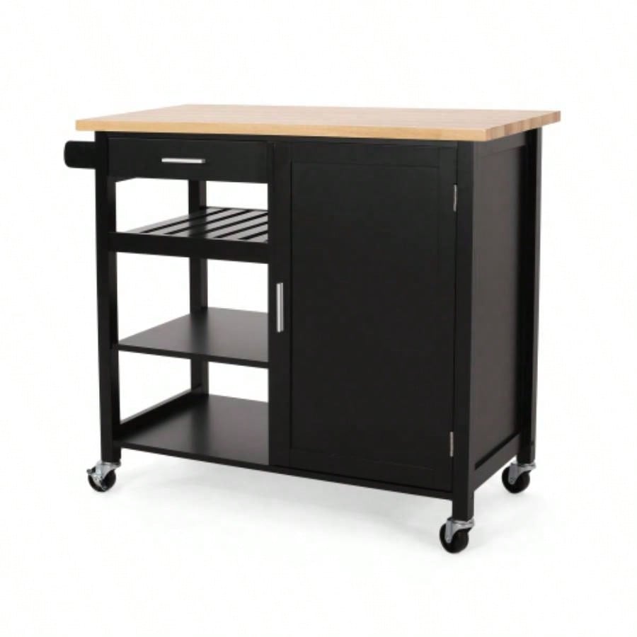 Kitchen Island Cart with Solid Wood Top, Mobile Carts with Storage Cabinet, Rolling Kitchen Table with Spice Rack, Towel Rack, and Drawer, Portable Islands on Wheels