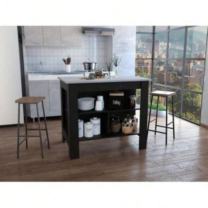 Kitchen Island, kitchen table 35 H, Four, Three Open Storage Shelves, Black/ Ibiza Marble