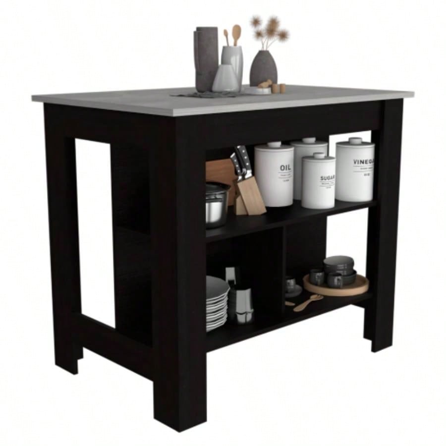 Kitchen Island, kitchen table 35 H, Four, Three Open Storage Shelves, Black/ Ibiza Marble