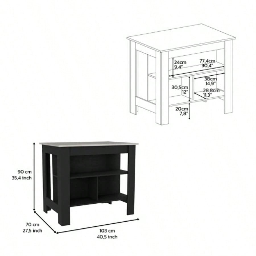 Kitchen Island, kitchen table 35 H, Four, Three Open Storage Shelves, Black/ Ibiza Marble